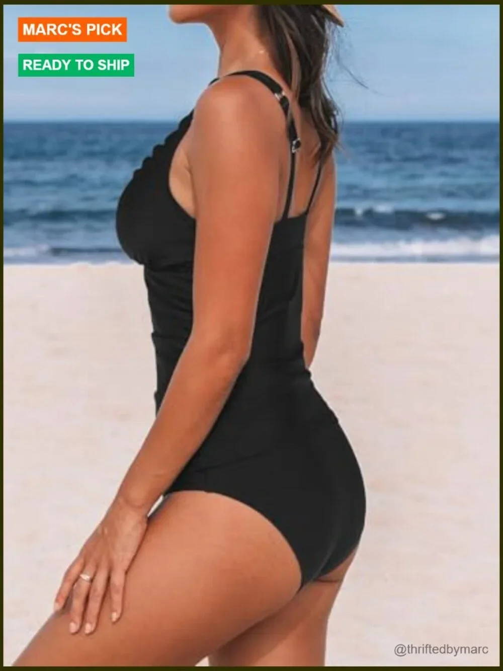 V Neck Mesh Scalloped Tankini Set Adjustable Straps Two Piece Swimwear Mid Rise